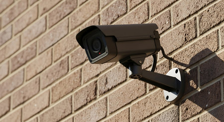 CCTV security camera on brick wall background with copy space for textの素材