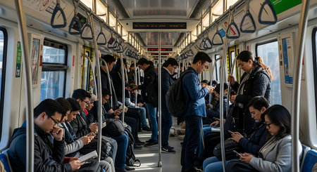People in Hong Kong Metro. Hong Kong Metro is the world's largest fully automated metro network (75 km).の素材