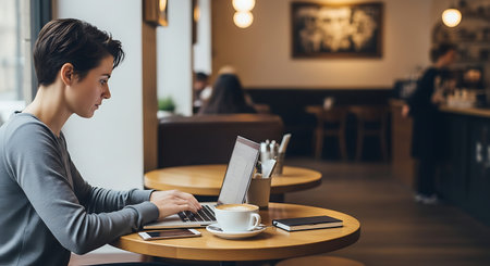 Side view of young woman using laptop and drinking coffee in coffee shopの素材