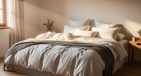 interior of modern bedroom with white pillows on bed, nobody insideの素材