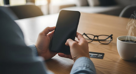 Close up of woman using smart phone with blank screen on wooden table.の素材