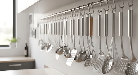Kitchen Utensils Hanging on Shelves in Modern Kitchenの素材