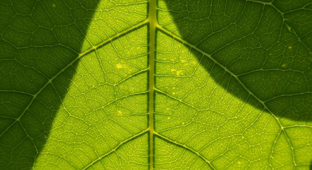 green leaf macro close up with sun light and shadow on the leafの素材