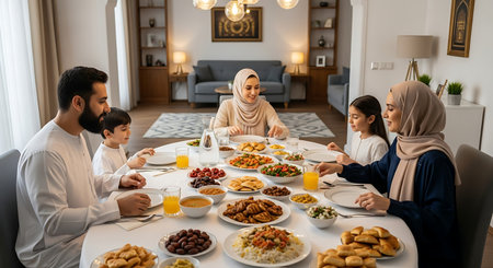 muslim family having dinner at home during eid mubarakの素材