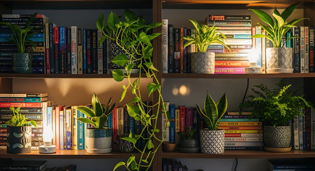 Bookshelf with books and plants in a cozy home library.の素材