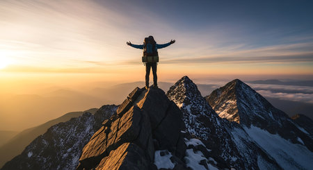 Hiker with backpack standing on top of a mountain at sunset.の素材