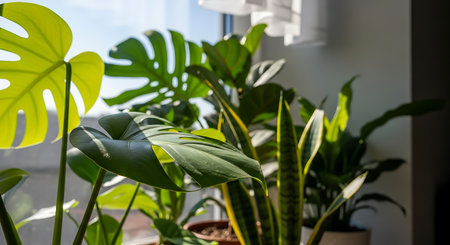 Tropical house plants in pots on windowsill. Home gardening conceptの素材