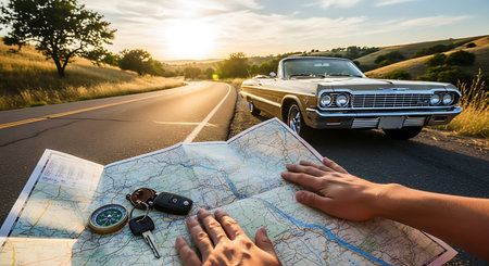 Hands holding a map and a car on the road at sunsetの素材