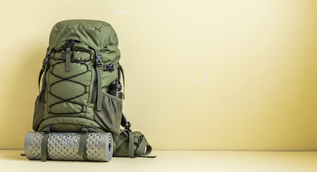 Backpack and trekking equipment on a yellow background with copy spaceの素材