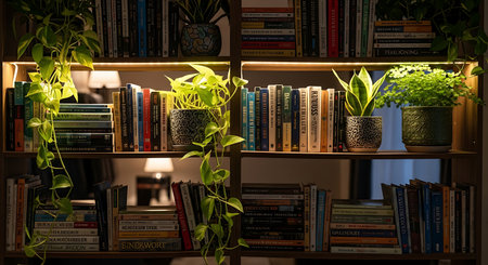 Bookshelf with books and potted plants in a dark roomの素材