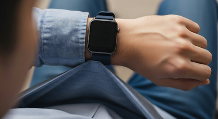 Close up of a man using a smartwatch on his wrist.の素材
