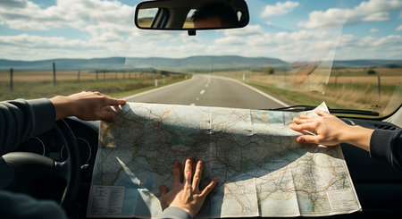 Hands of a young couple on the road with a map.の素材