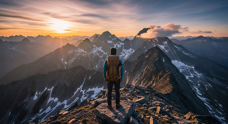 Hiker in the mountains at sunset. The concept of active and extreme tourismの素材