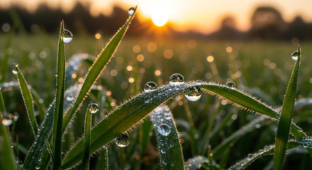 Dew drops on the green grass in the early morning sun.の素材
