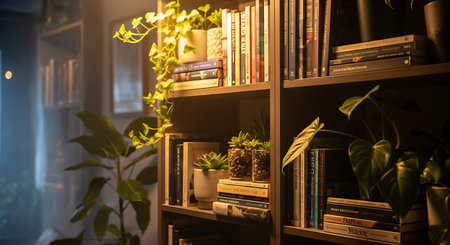 Bookshelves with plants and books in interior of living room at nightの素材