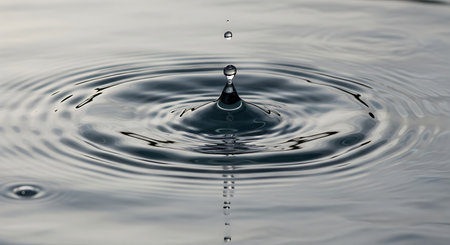 Water drop close-up. Splash effect after collision a falling drops with water Surfaceの素材