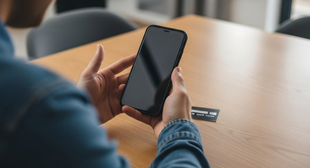 male hand holding smartphone with blank screen and credit card on wooden tableの素材