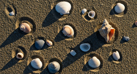 Seashells on the beach sand as a background. Toned.の素材