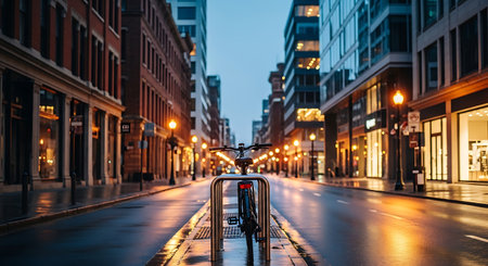 Bicycle on the street at night in Dusseldorf, Germanyの素材