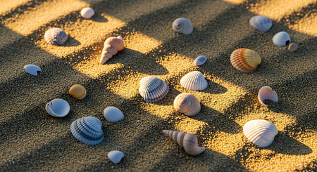 Seashells on the sand of a beach in the sunlightの素材