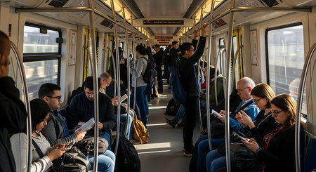 People inside of the Frankfurt Hauptbahnhof subway car.の素材