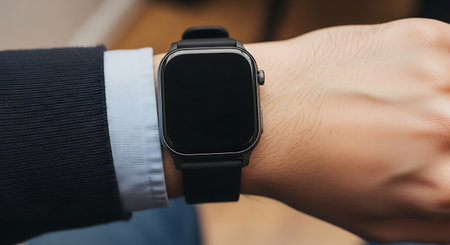 Close up of smartwatch on woman's hand. Smart watch on female hand.の素材