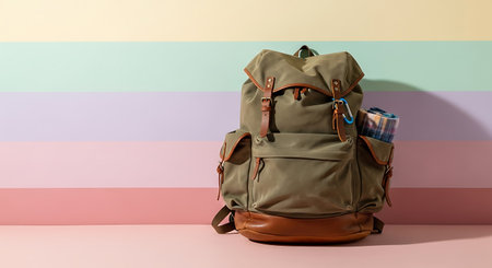Stylish backpack on color background. Backpack on color background.の素材