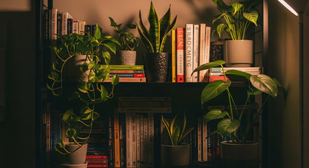 Bookshelf with books and plants at night, vintage tone.の素材