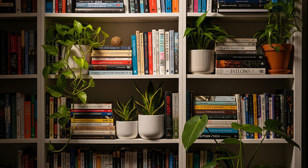 Bookshelf with books and plants, home library, interior designの素材