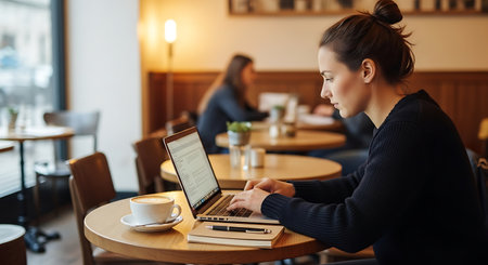 Side view of a young woman using a laptop in a coffee shopの素材