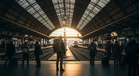 people waiting for the train at Frankfurt Hauptbahnhof. Frankfurt Hauptbahnhof is the main railway station in Frankfurt, Germany.の素材