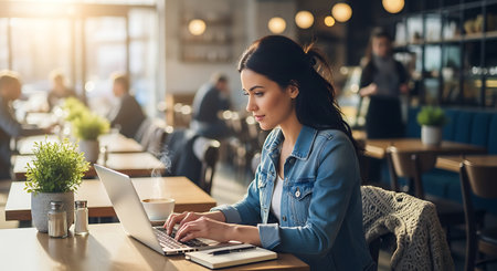 Young businesswoman working on laptop while sitting in cafe, copy spaceの素材