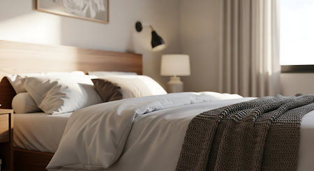 Interior of modern bedroom with comfortable bed, closeup. 3d renderの素材