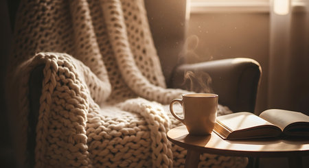 Cup of coffee on the table with knitted plaid and bookの素材