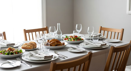 Table set for a festive dinner at home in the interior of the roomの素材