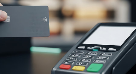 Payment terminal with credit card on blurred background, close-upの素材
