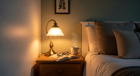 Lamp on bedside table with book and cup of coffee in bedroomの素材