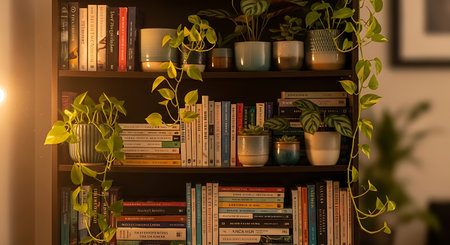 Bookshelves with plants and books in the living room at nightの素材
