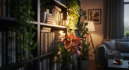 3d illustration of bookshelf with plants in the living roomの素材
