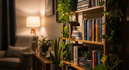 Bookshelf with books and plants in cozy living room at nightの素材