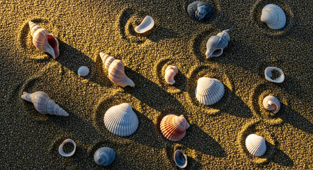Seashells on the beach in the morning sun. Summer backgroundの素材