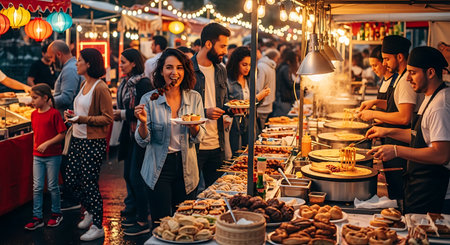 Group of young people eating at a street food market in Paris, Franceの素材