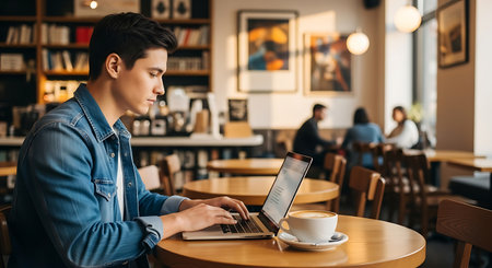 Side view of handsome young man using laptop while sitting in coffee shopの素材