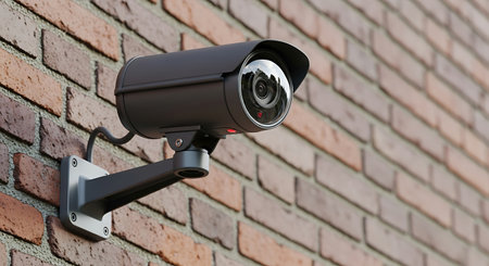 3d illustration of security camera over brick wall background with copy spaceの素材