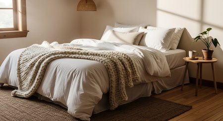 Interior of modern bedroom with comfortable white bed and knitted blanketの素材