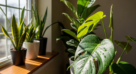 Houseplants in pots on the windowsill. Home gardening conceptの素材