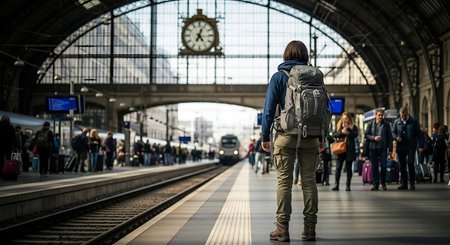Young man with backpack waiting for train at railway station in London, UKの素材