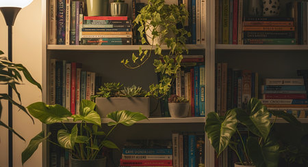 Bookshelves with plants and lamp in the living room at homeの素材