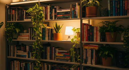 Bookshelf with books and plants. Home library. Bookshelf with books and plants.の素材