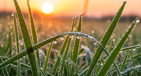 Fresh grass with dew drops close up at sunrise. Nature backgroundの素材